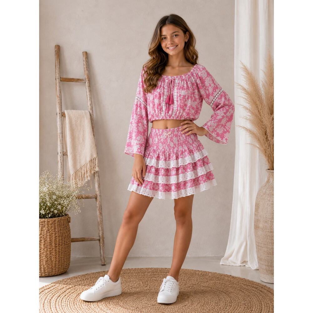 C&V Girls Pink Floral Two-Piece Set Size M (8/10) Boho Ruffle Lace Rayon NWT